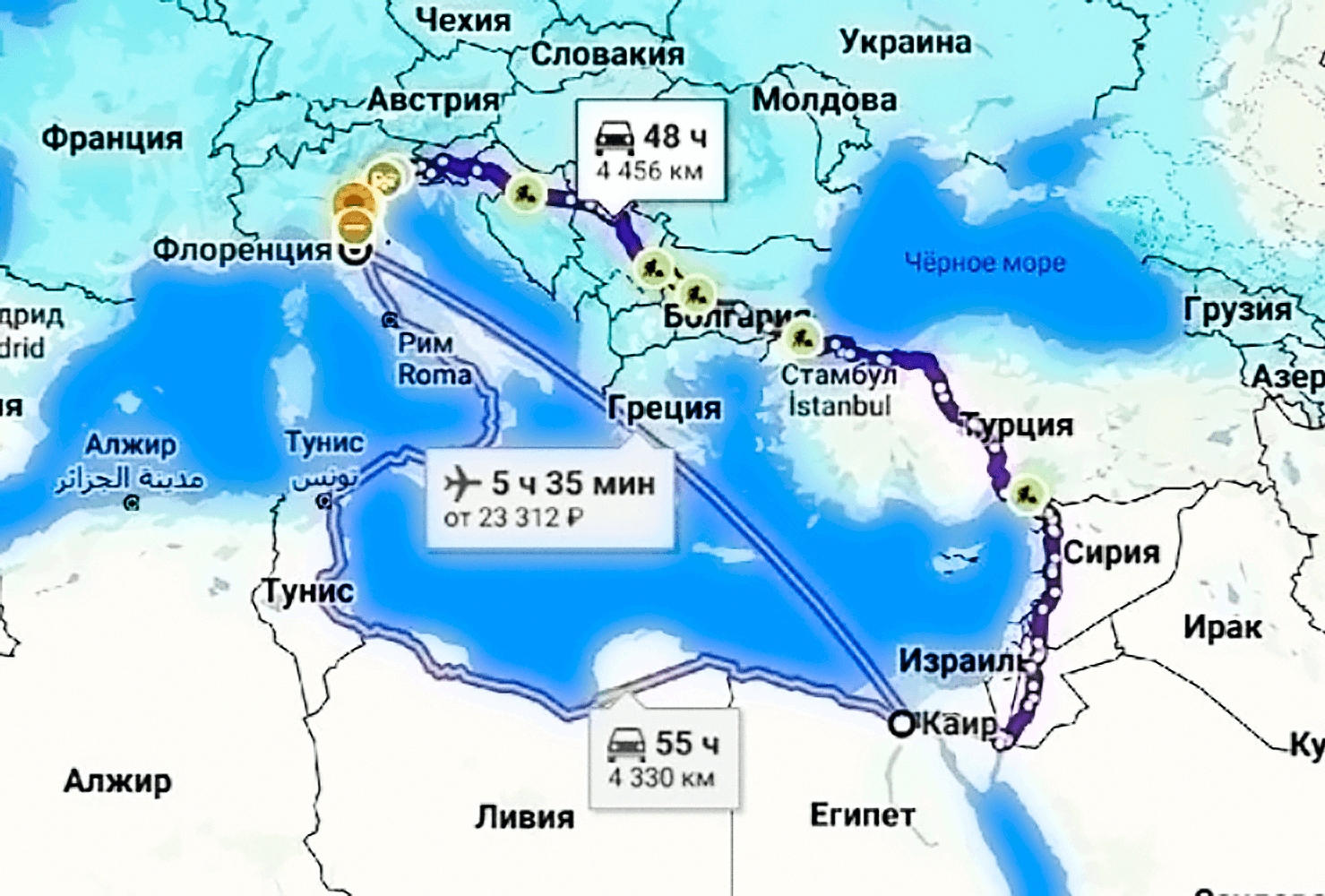 Карта. Маршрут от Каира до Флоренции